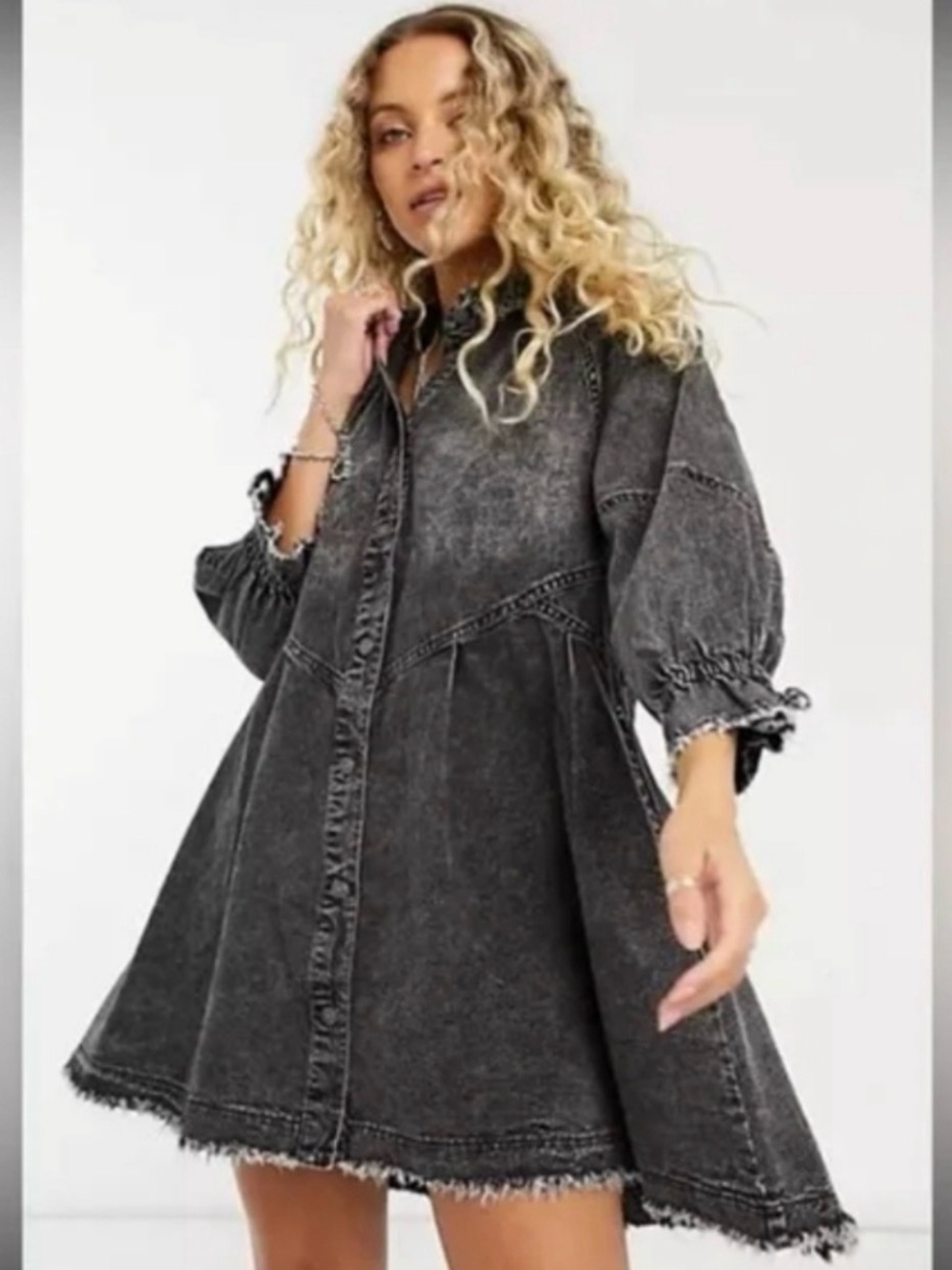 Free People Washed Black Denim Mini Dress with Puff Sleeves and Frayed Hem